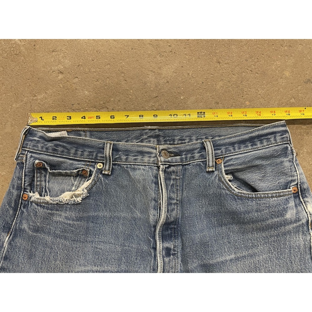 Levis 501 Jeans Mens 36x29 Light Wash Blue Straight Leg Button Fly Distressed - Picture 16 of 16